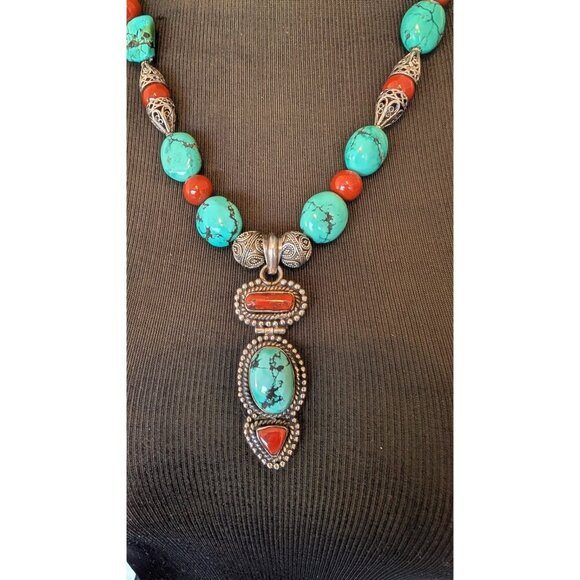 Vintage Turquoise & Coral Necklace Sterling Silver 115.4g Tribal Native American - Picture 10 of 13